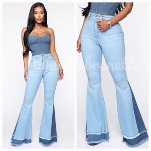 Nwt Fashion Nova Boho High Waisted Extreme Bell Bottom Jeans With Frayed Hem
